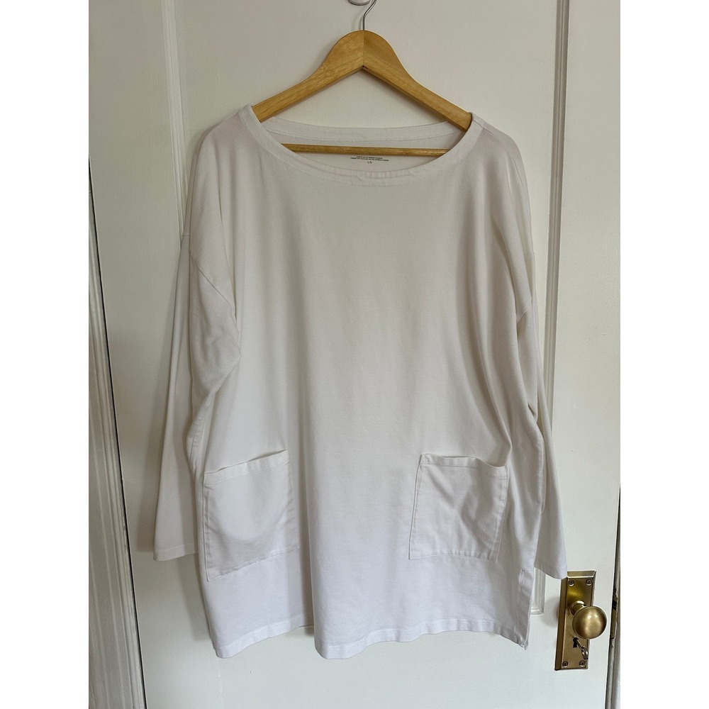 Eileen Fisher Long Sleeve Tunic Top White Large w/ Pockets Coastal Breezy Cotton